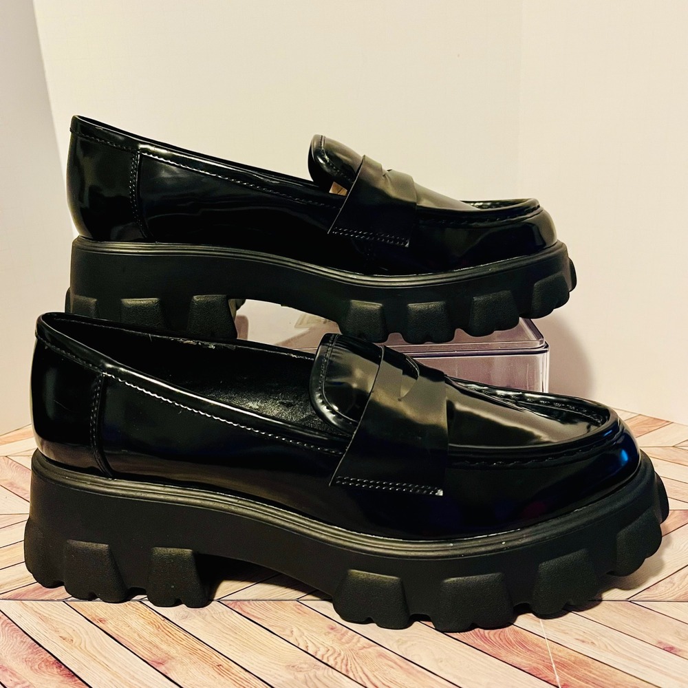 Bar III Paz‎ Penny Loafers Platform Women's 9M Black Patent Leather Lug Preppy - Picture 2 of 9